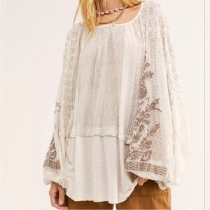 Free People Cream Lace embroidery Detail Blouse Oversized